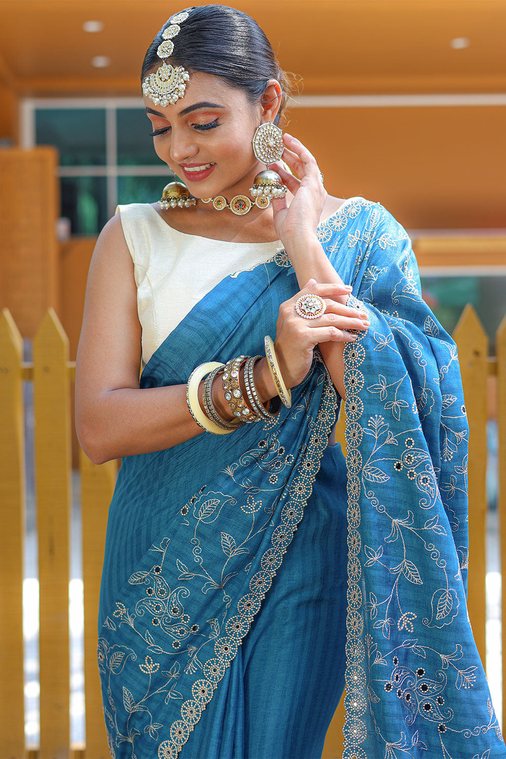 Blue Soft Silk Saree With Thread HandWork & Cutwork Border