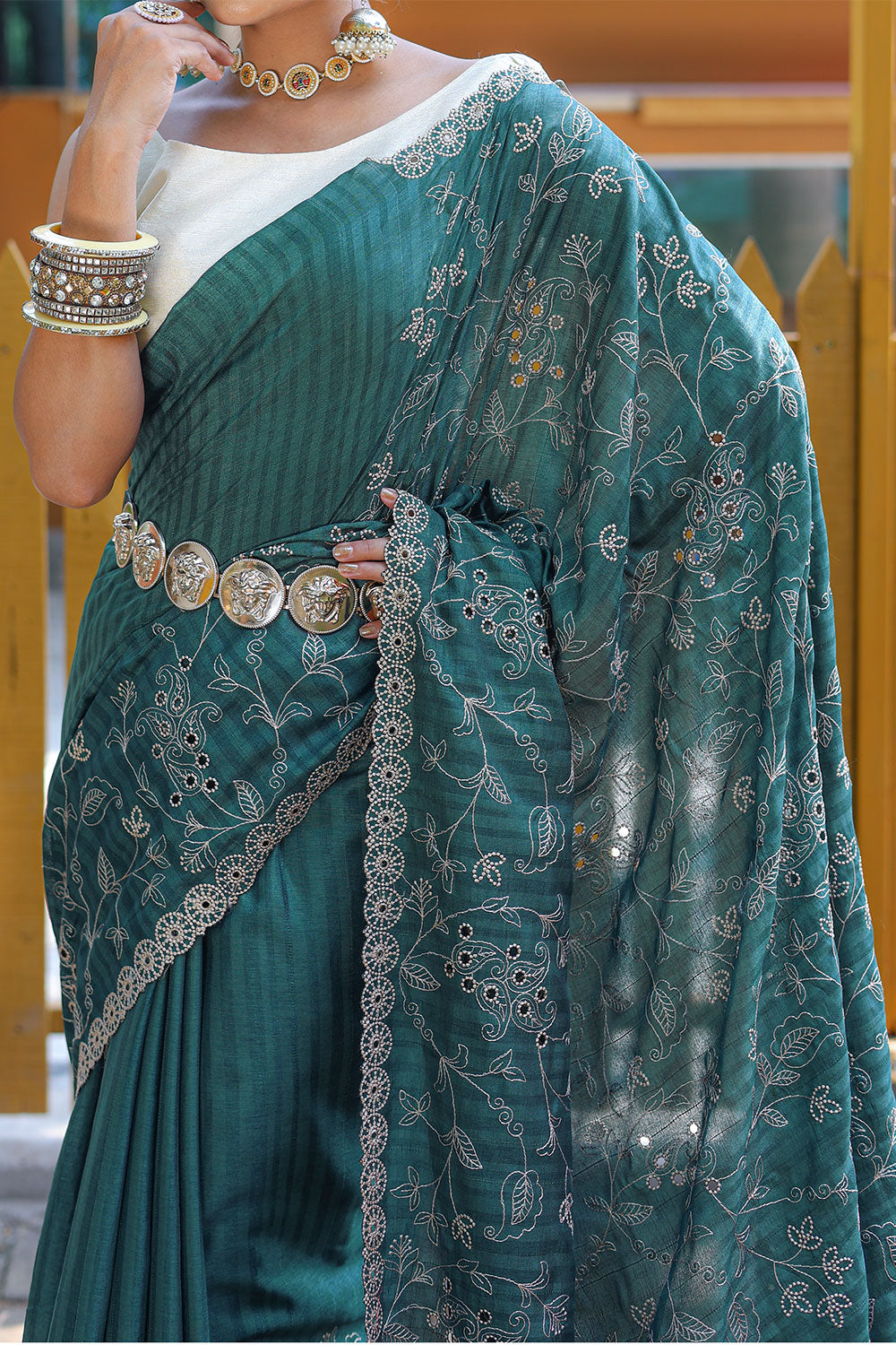 Green Soft Silk Saree With Thread HandWork & Cutwork Border