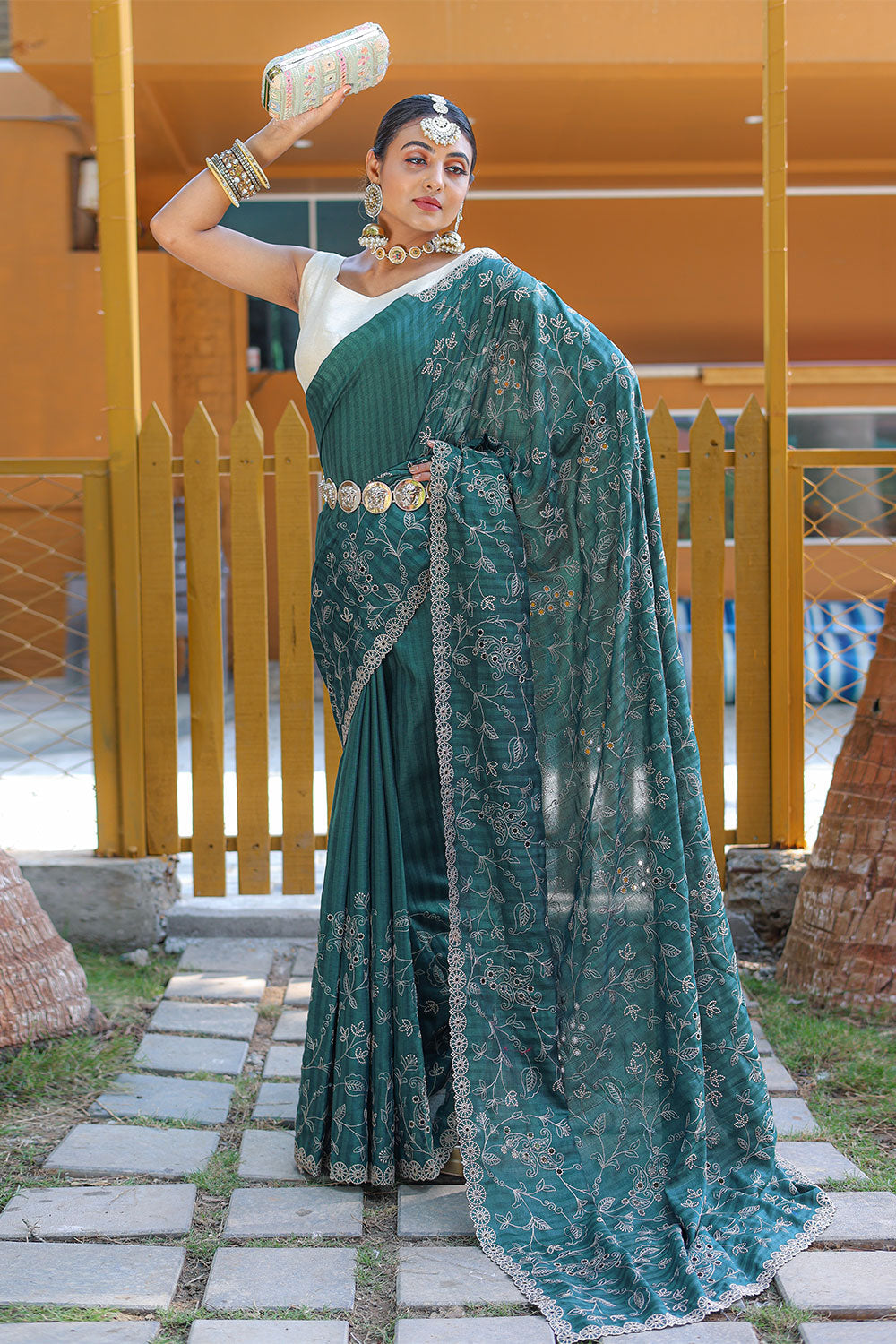 Green Soft Silk Saree With Thread HandWork & Cutwork Border