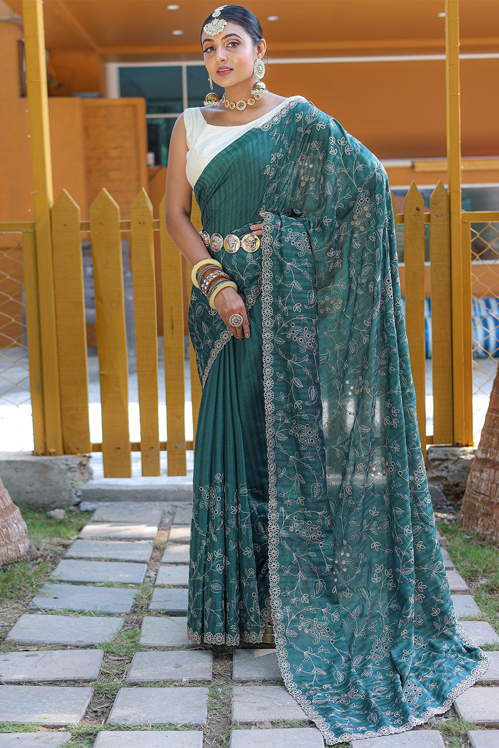 Green Soft Silk Saree With Thread HandWork & Cutwork Border