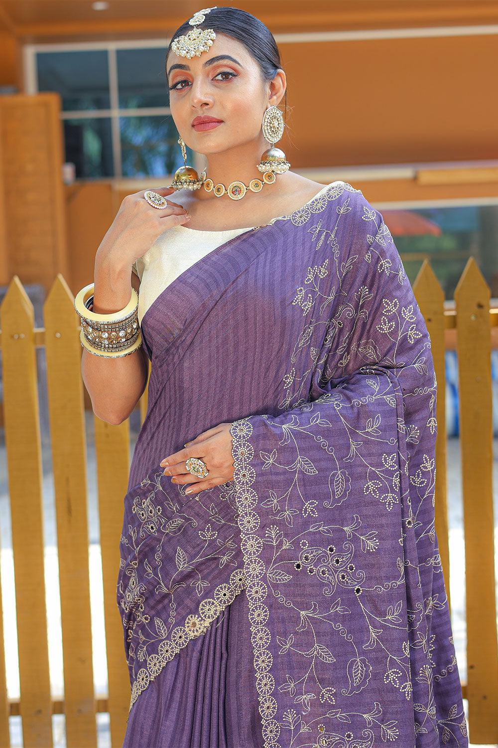 Light Purple Soft Silk Saree With Thread HandWork & Cutwork Border