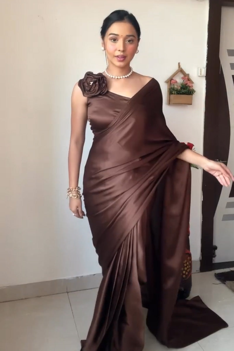 Lagniappe 1 Minute Ready To Wear Brown Japan Satin Silk Saree