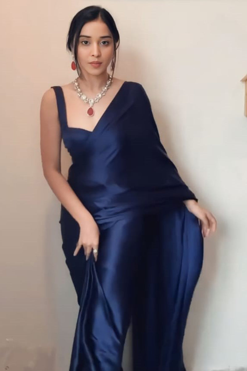 Profuse 1 Minute Ready To Wear Navy Blue Japan Satin Silk Saree