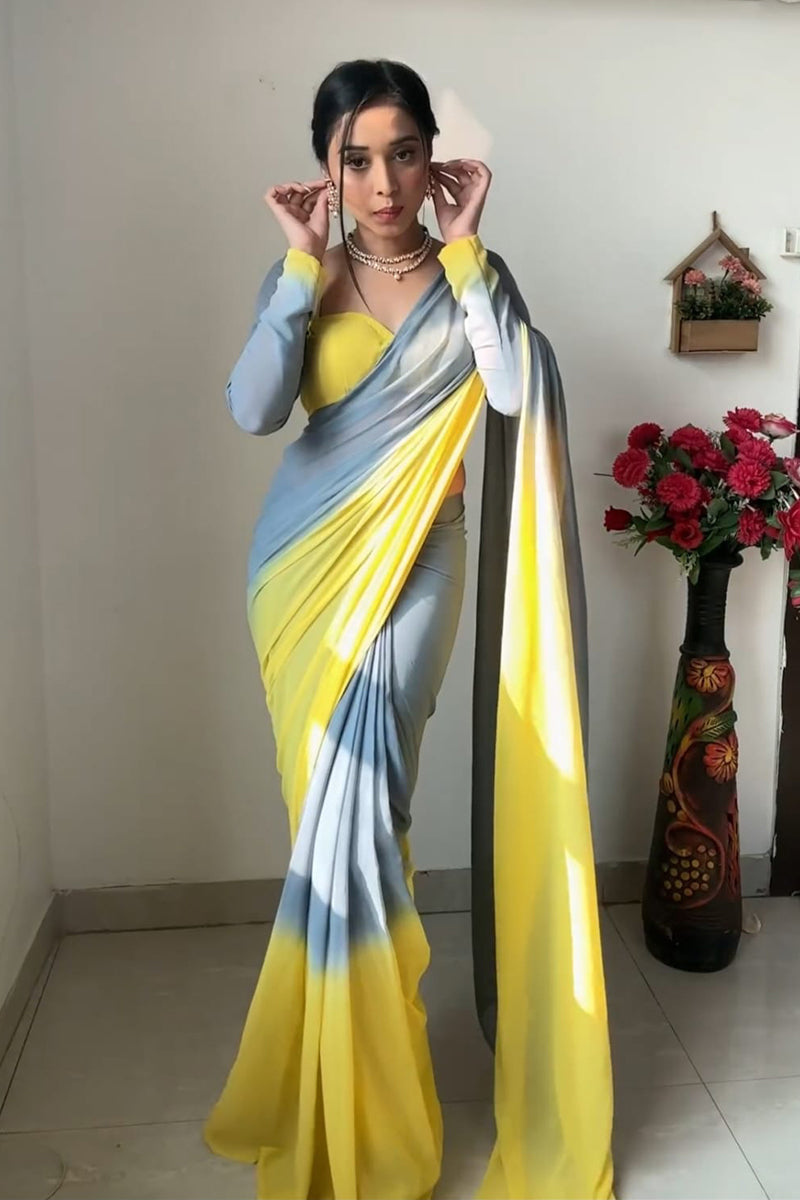 Sophisticated 1-Minute Ready To Wear Yellow And Grey Color Georgette Saree
