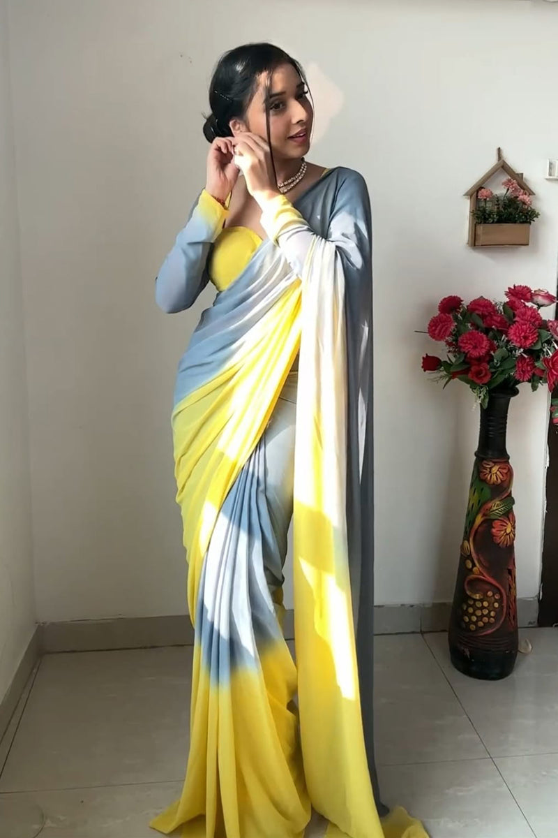 Sophisticated 1-Minute Ready To Wear Yellow And Grey Color Georgette Saree