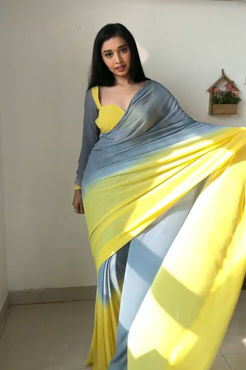 Sophisticated 1-Minute Ready To Wear Yellow And Grey Color Georgette Saree