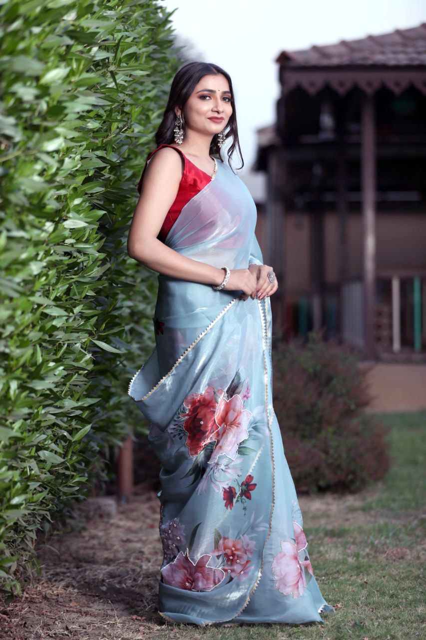 Charming Organza Silk Digital printed Handwork  saree