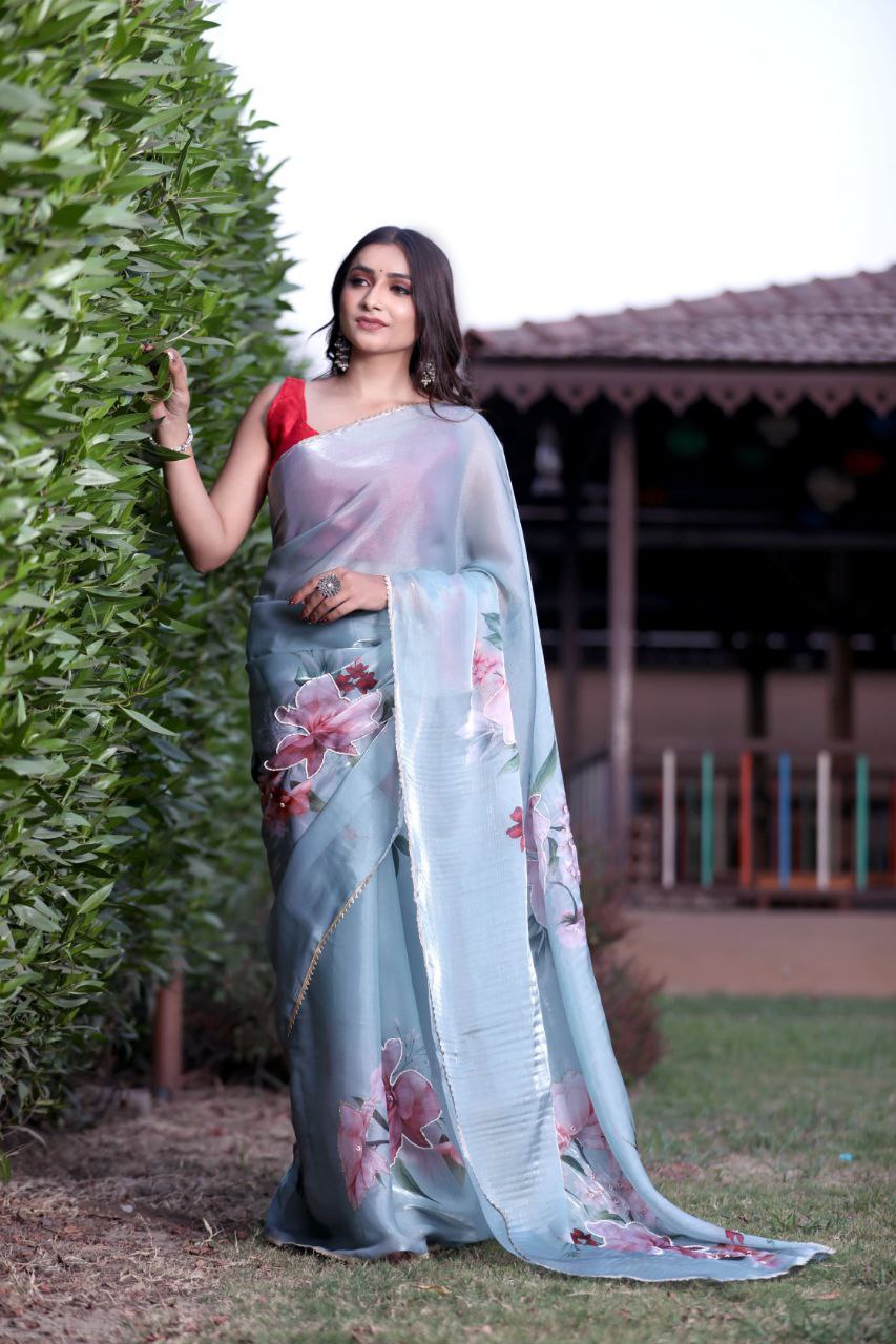 Charming Organza Silk Digital printed Handwork  saree