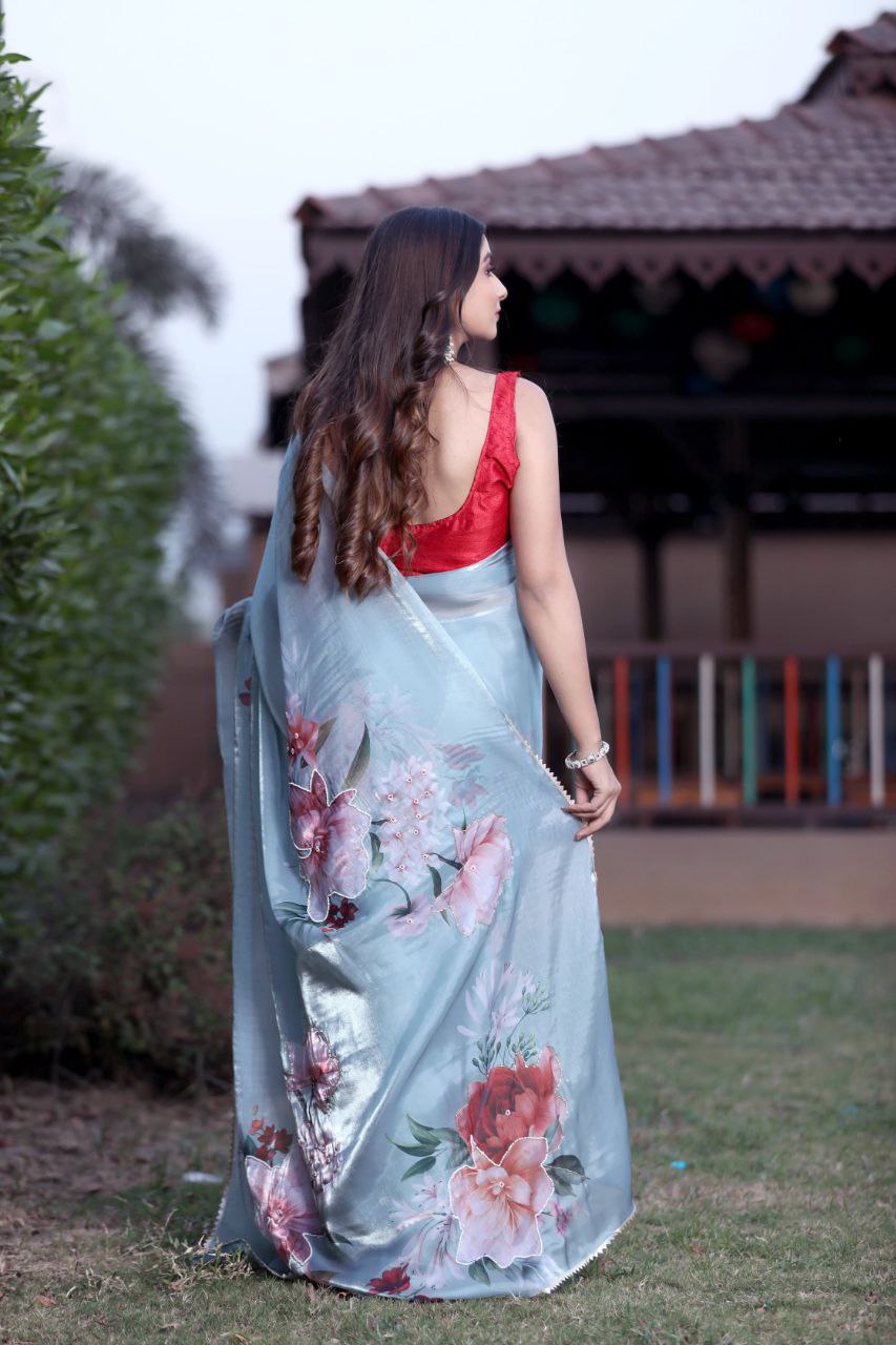 Charming Organza Silk Digital printed Handwork  saree