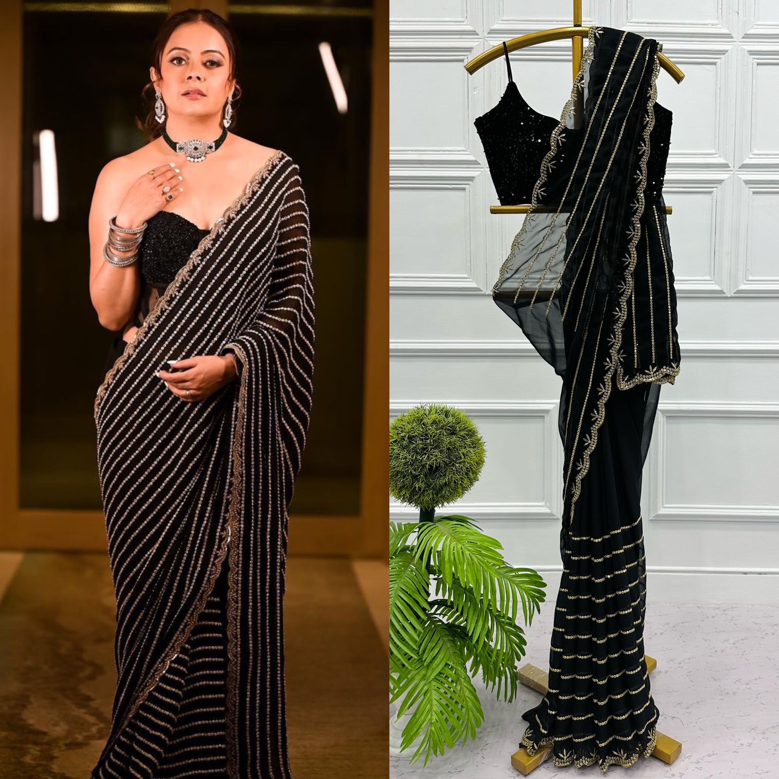 Celebrity Style Cut Work Black Color Saree