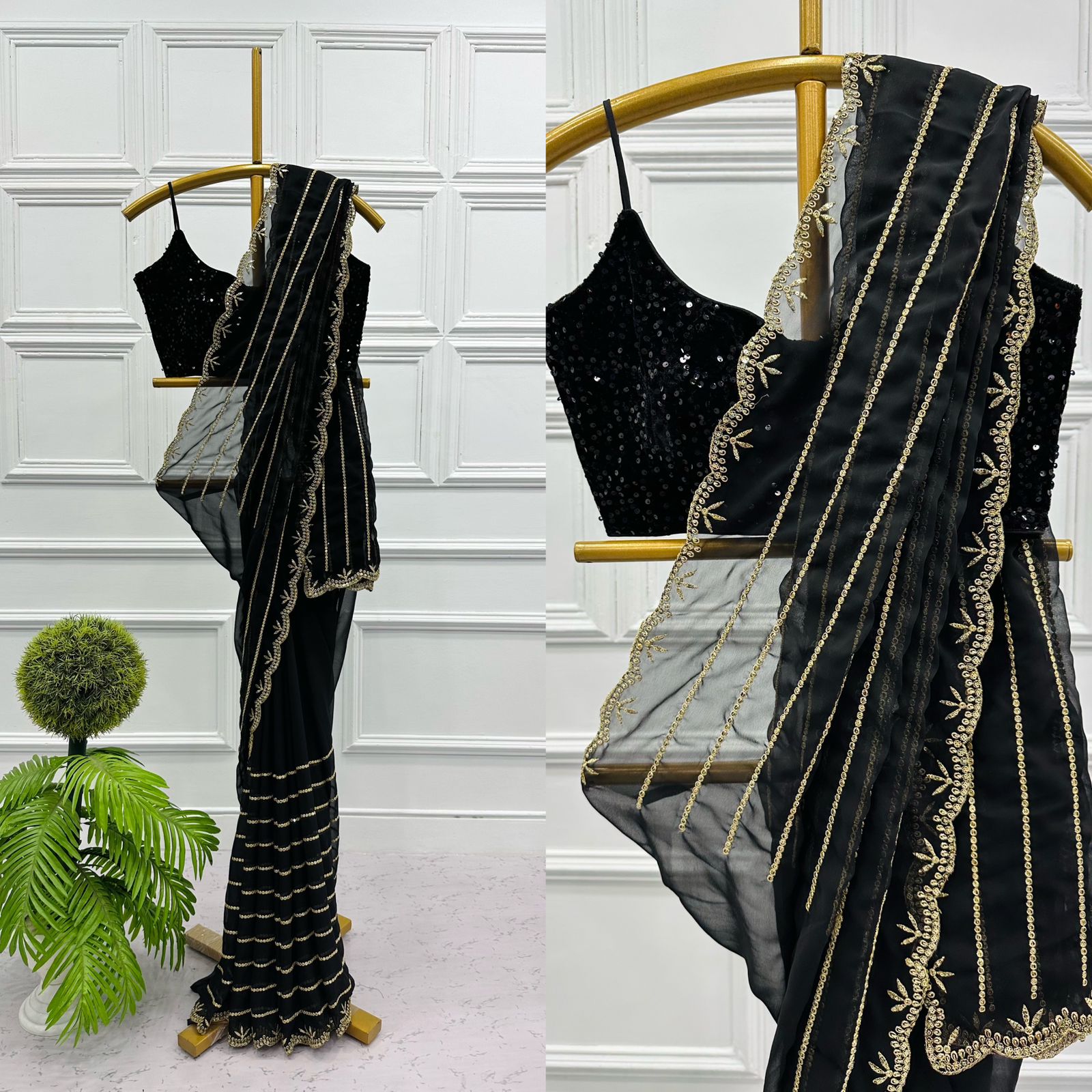 Celebrity Style Cut Work Black Color Saree