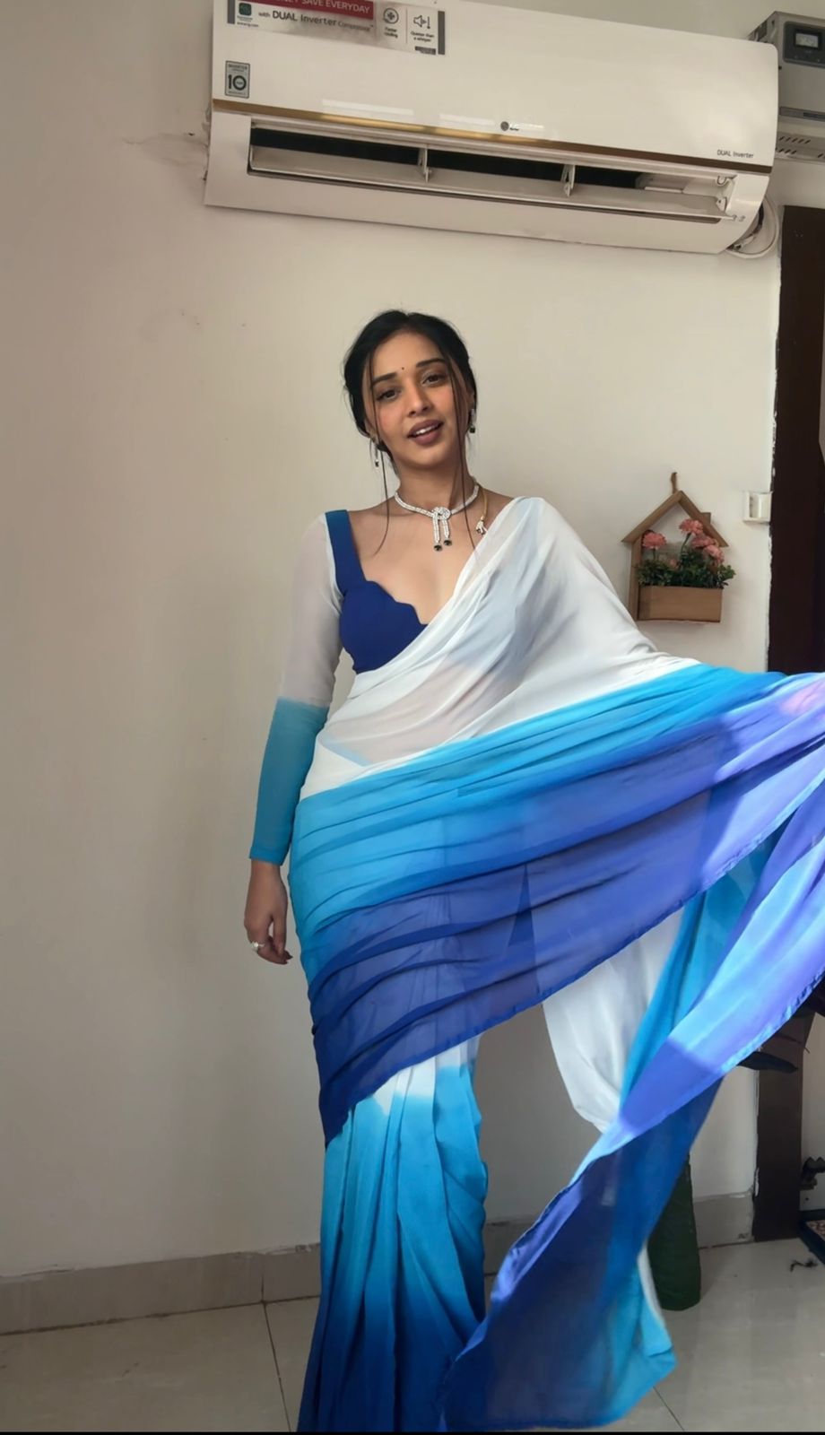 Comely   1-Minute Ready To Wear blue And White Color Georgette Saree