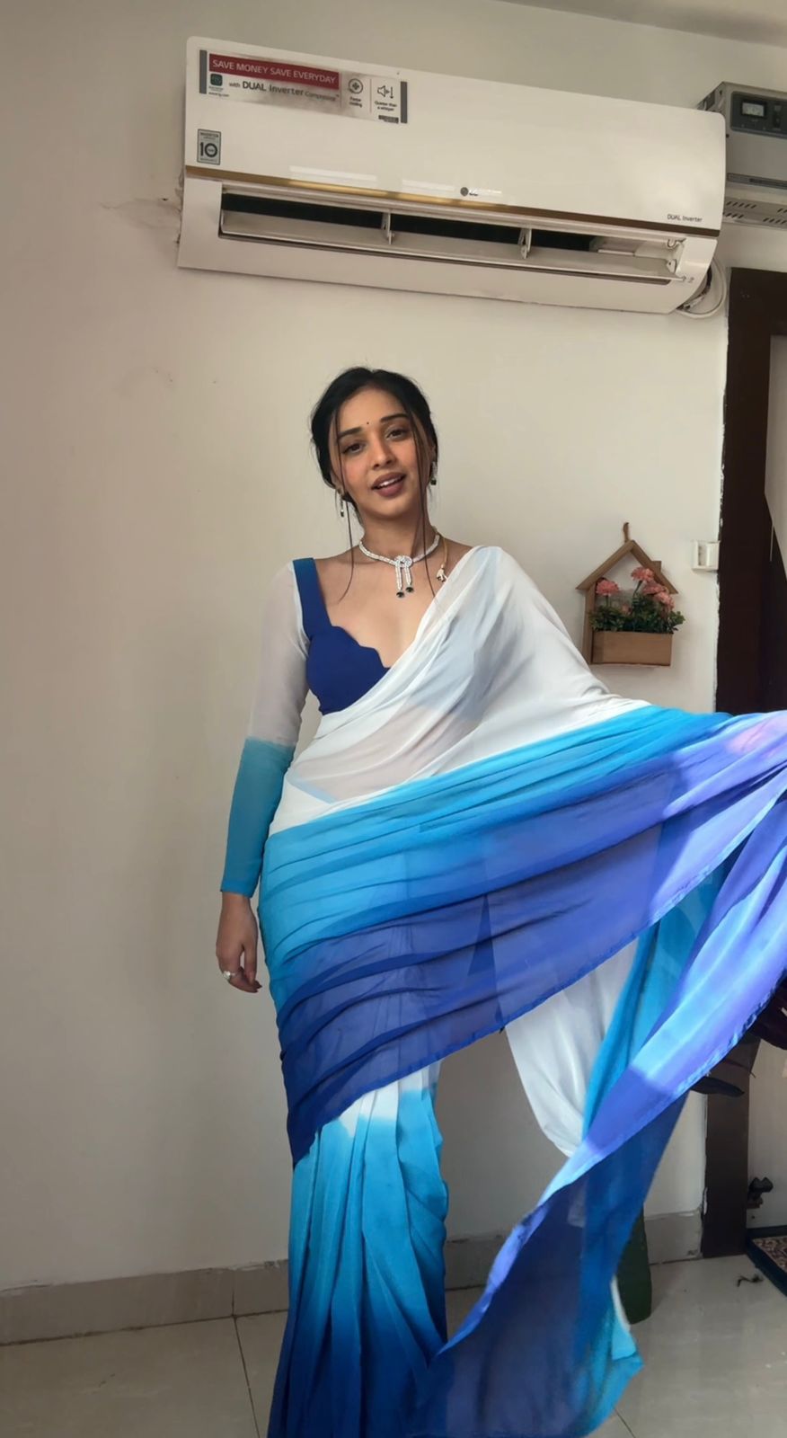 Comely   1-Minute Ready To Wear blue And White Color Georgette Saree