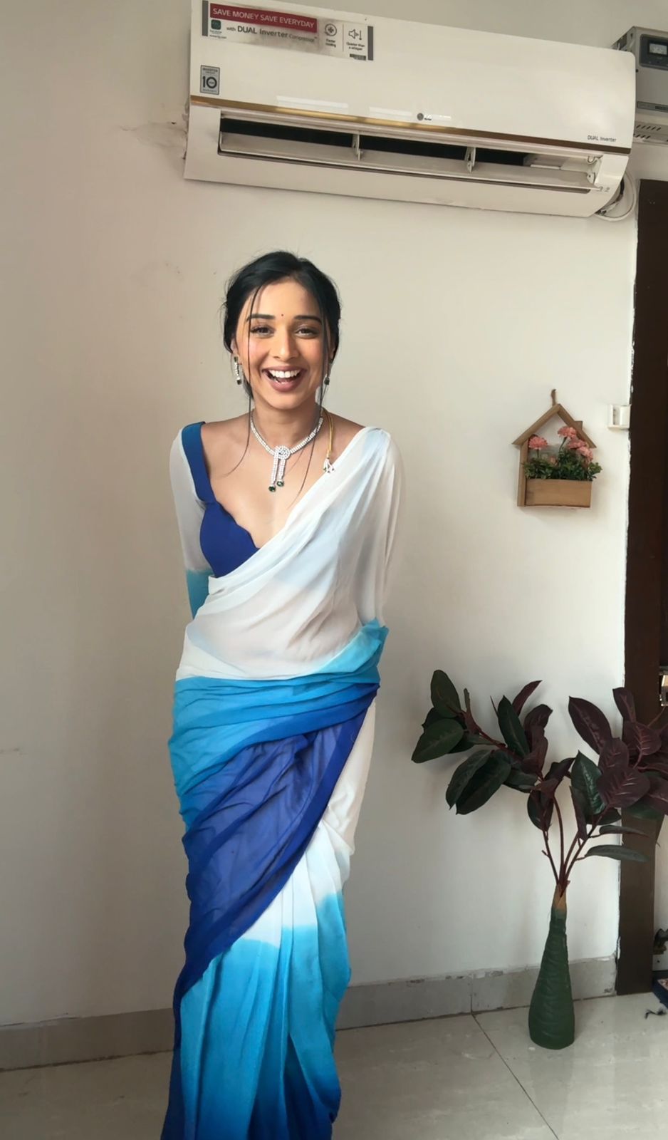 Comely   1-Minute Ready To Wear blue And White Color Georgette Saree