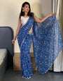 Party Wear Flower Design Blue Color Ready To Wear Saree