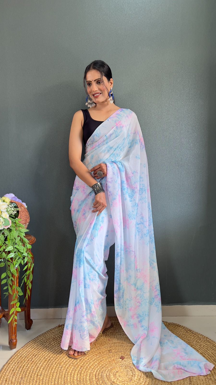 Gleaming 1-Minute Ready To Wear Sky Color Chiffon Saree