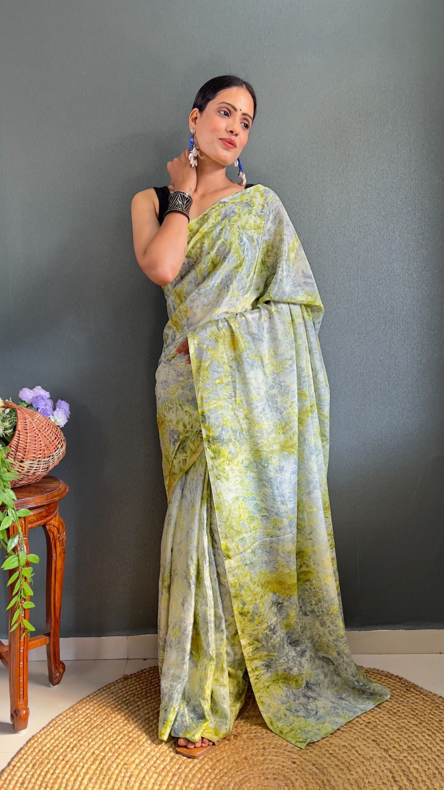 Arresting 1-Minute Ready To Wear Green Chiffon Silk Saree