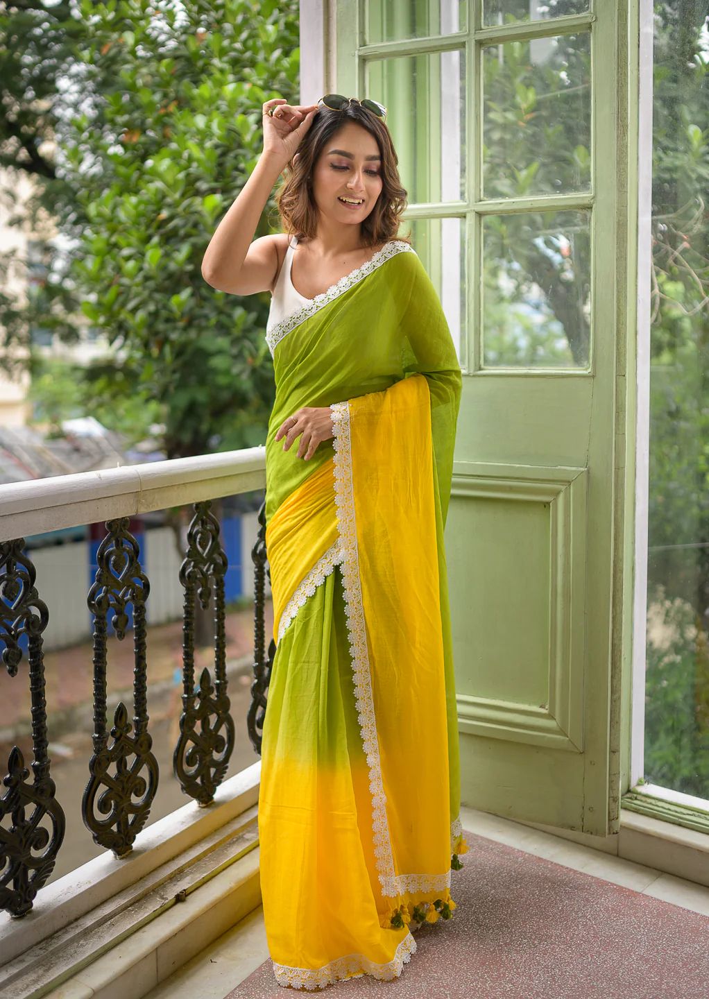 Deserving Green & Yellow Mulmul Cotton Floral Lace  Saree