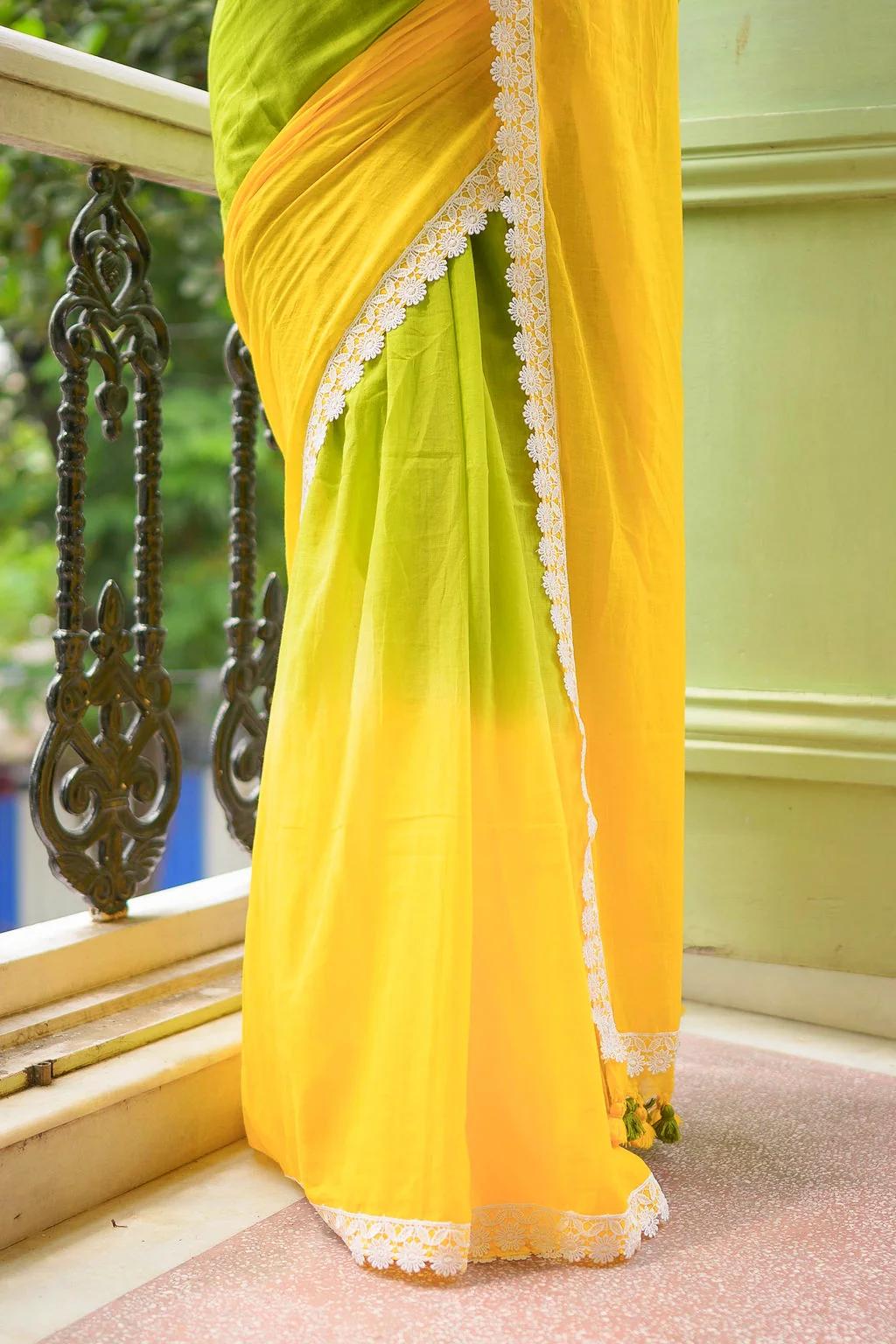 Deserving Green & Yellow Mulmul Cotton Floral Lace  Saree