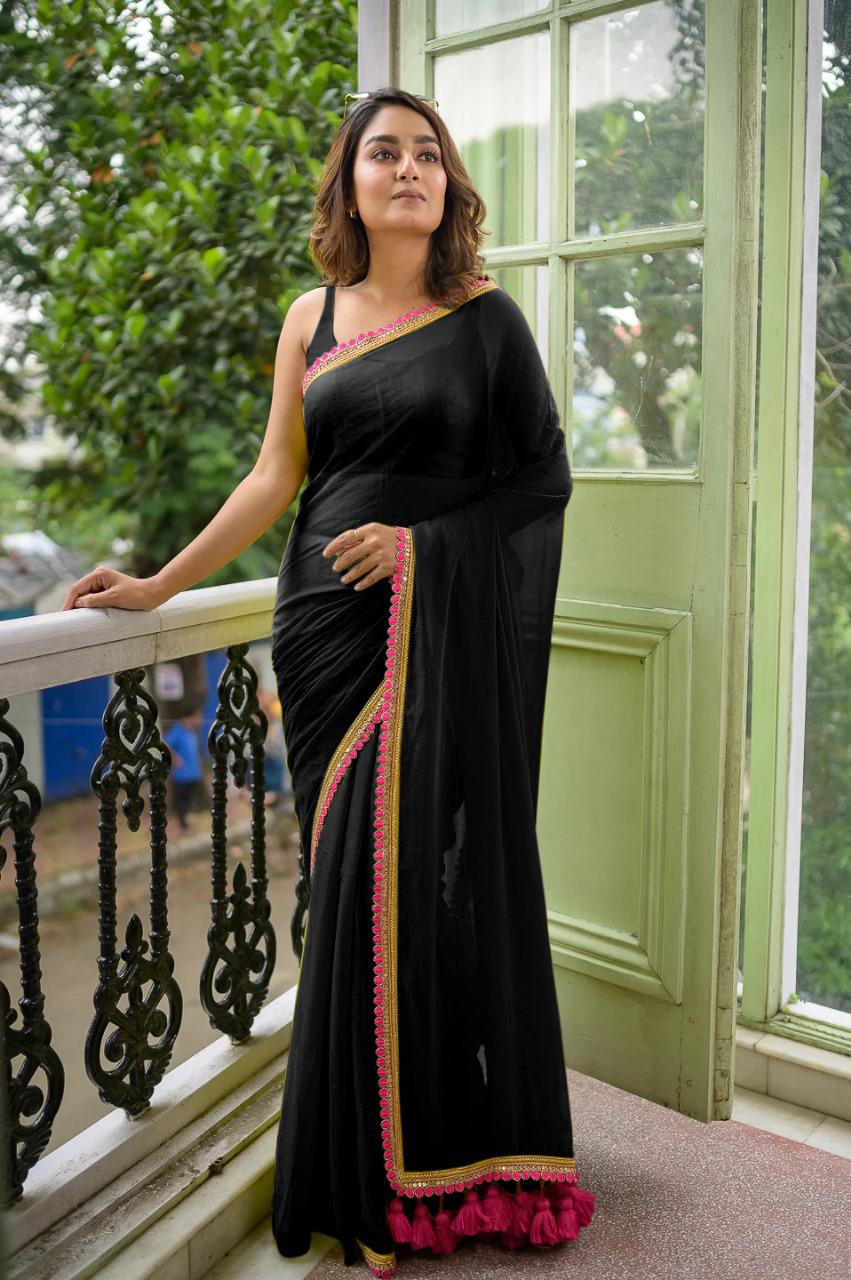 Pretty Black Mulmul Cotton Saree With Sequence Border