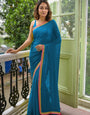 Flattering Blue Mulmul Cotton Saree With Sequence Border