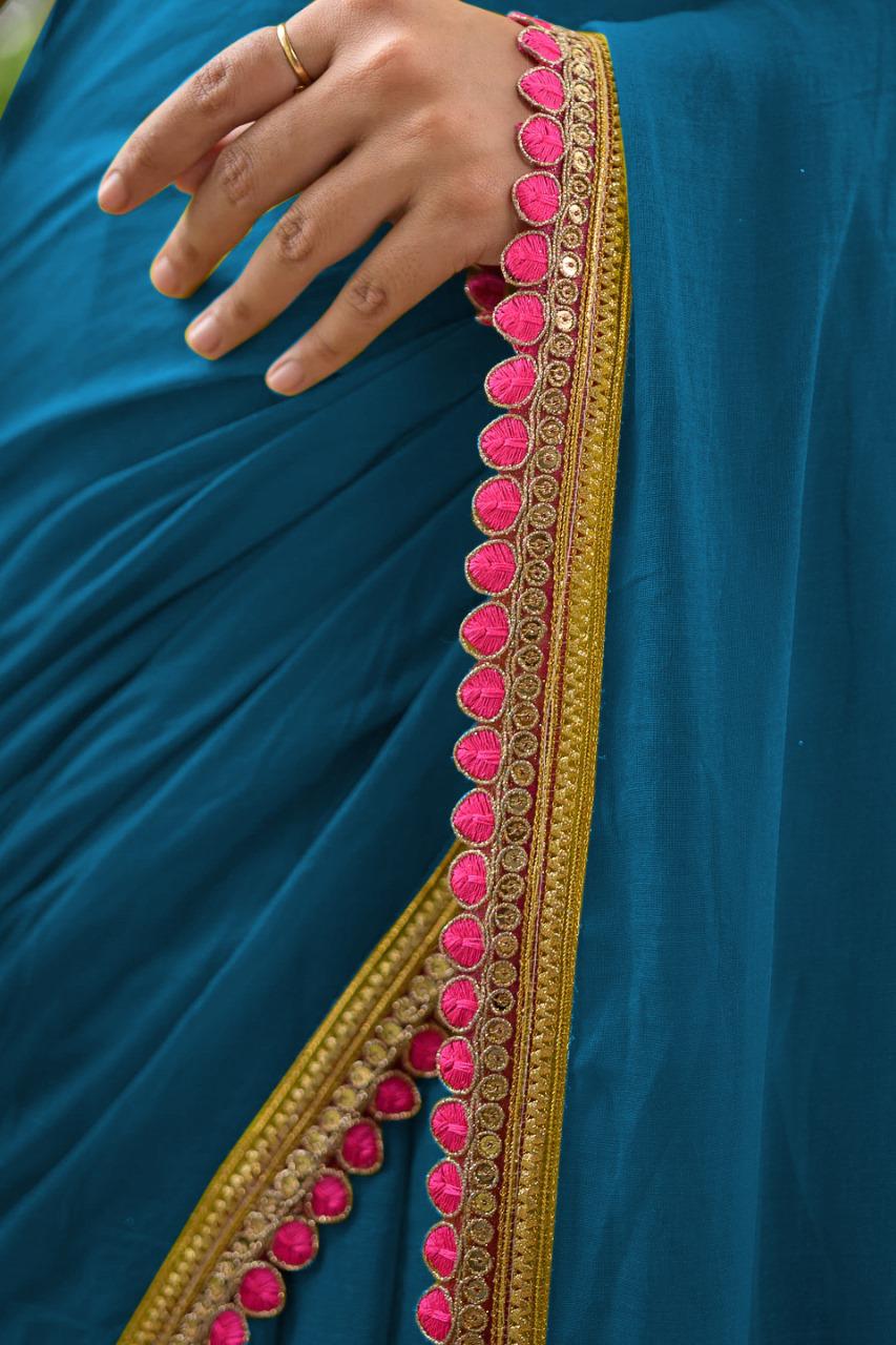 Flattering Blue Mulmul Cotton Saree With Sequence Border