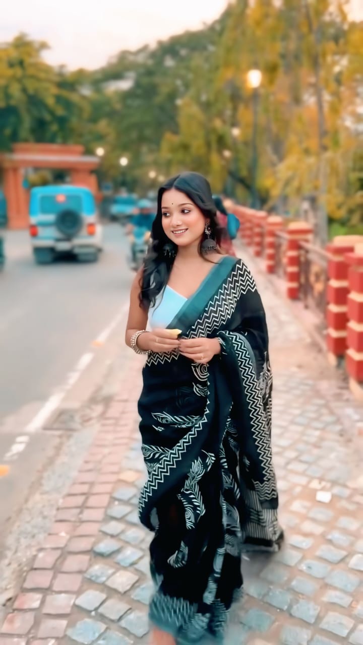 Excellent 1 Minute Ready To Wear Black Mul Cotton Digital Printed Saree