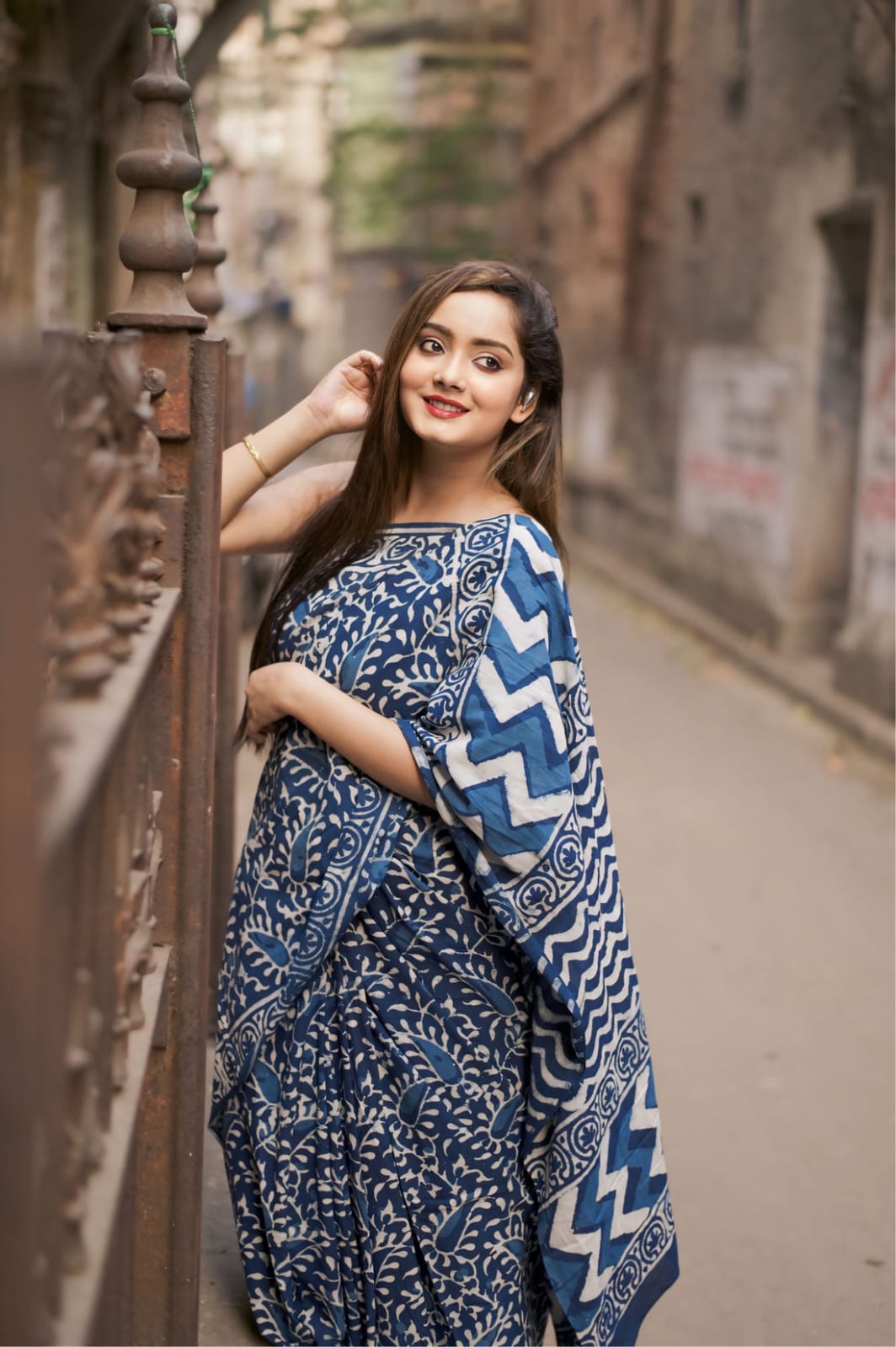 Indigo Floral 1-minute ready to wear  Cotton Saree