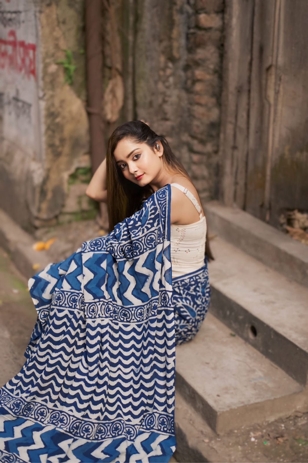 Indigo Floral 1-minute ready to wear  Cotton Saree