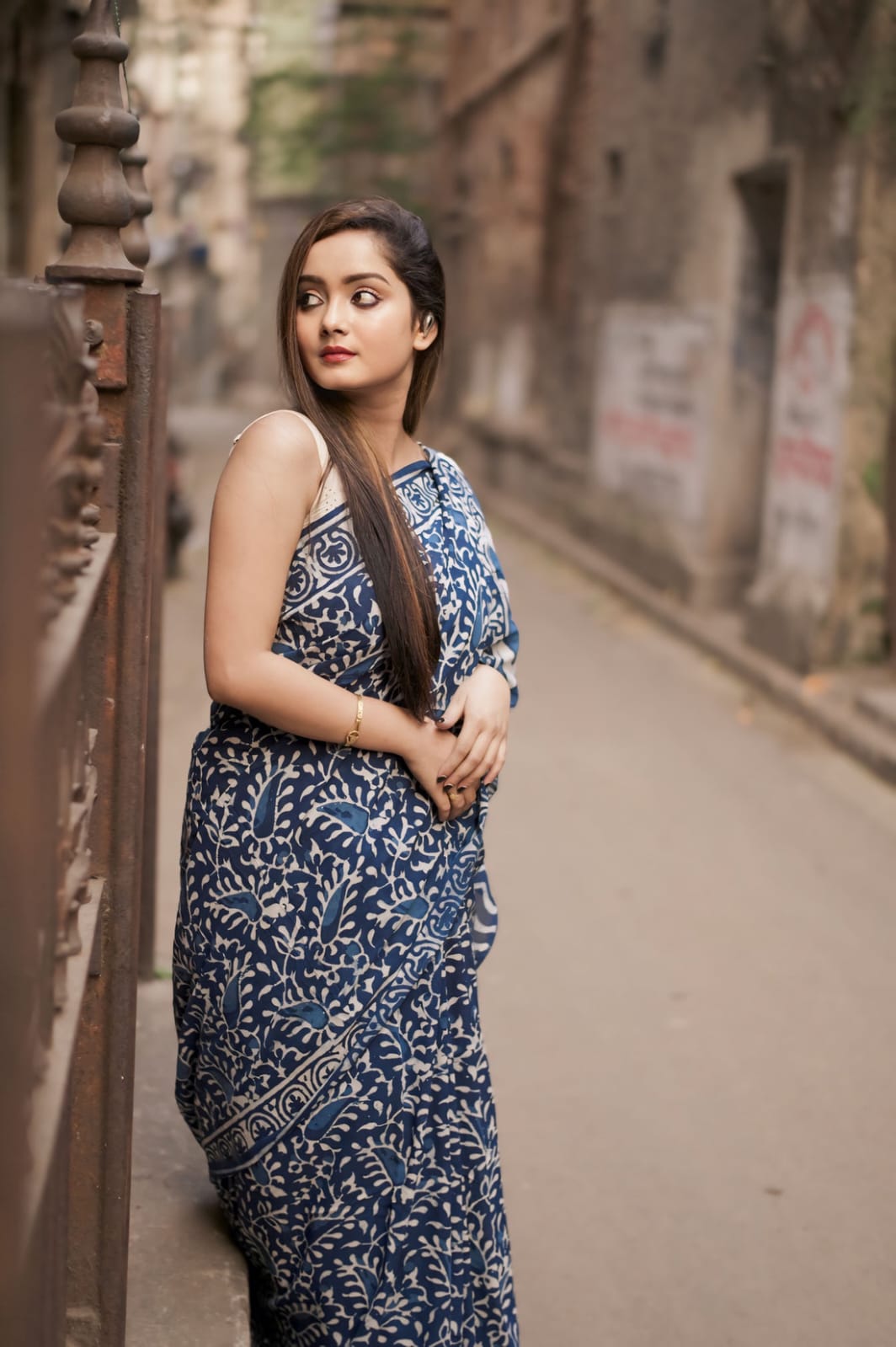 Indigo Floral 1-minute ready to wear  Cotton Saree