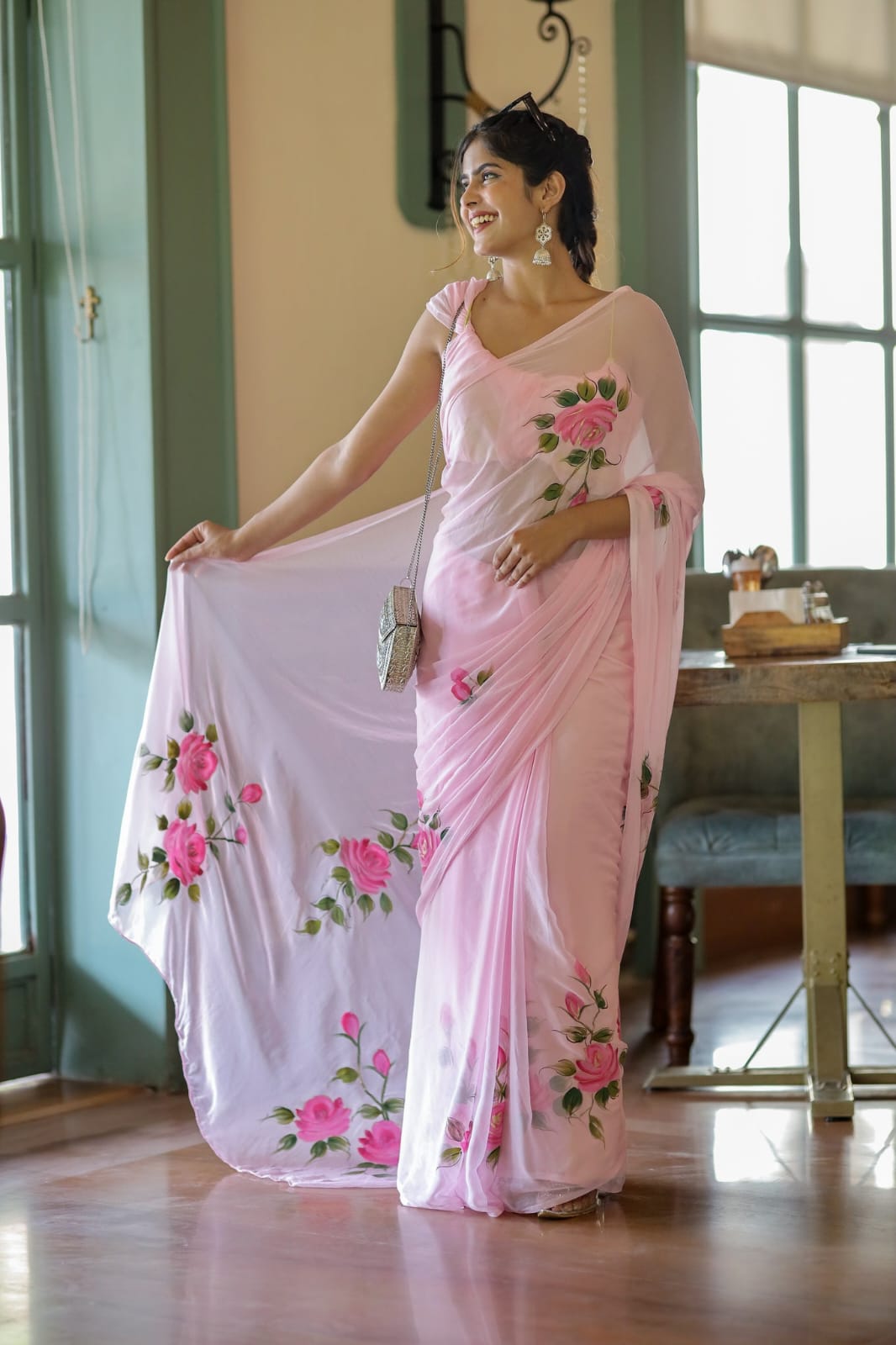 Light pink 1-minute ready to wear printed linen saree with blouse