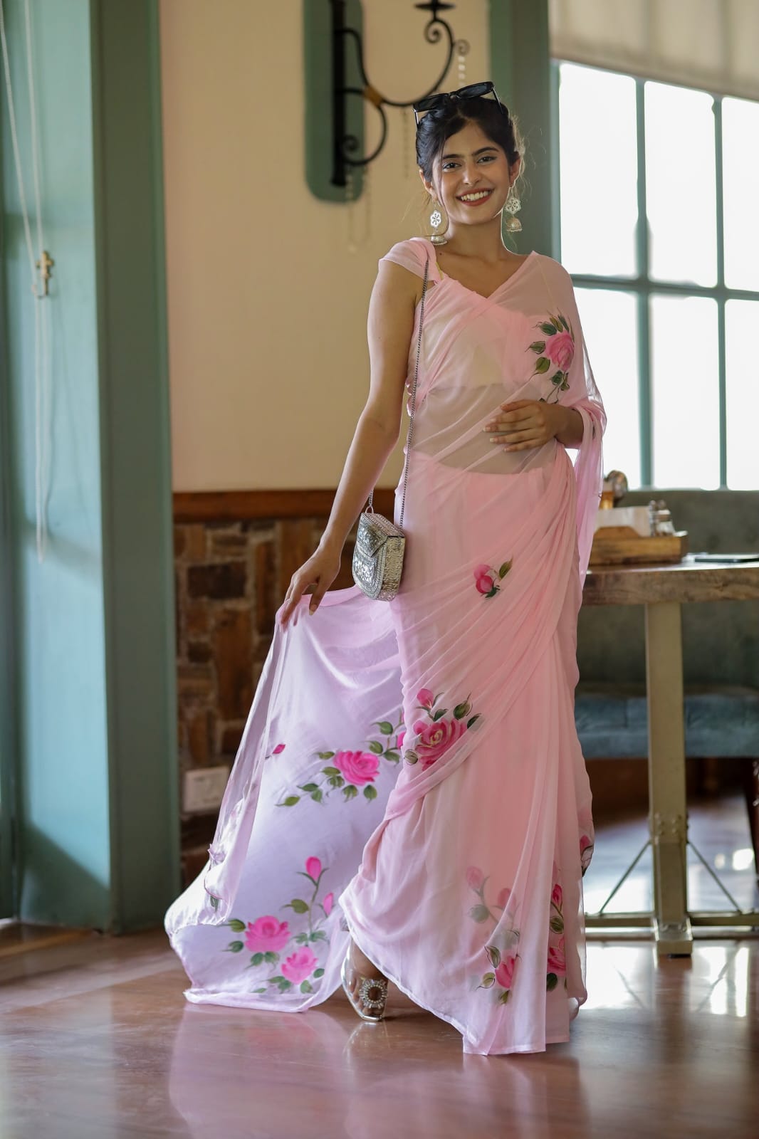 Light pink 1-minute ready to wear printed linen saree with blouse