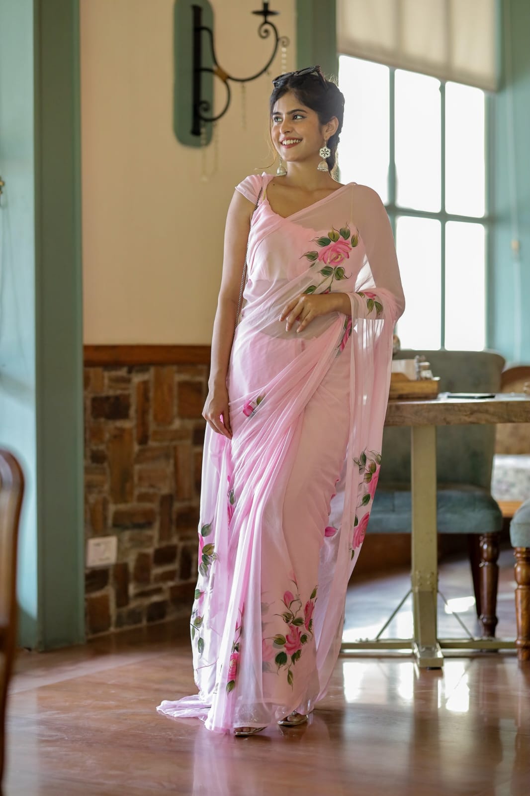 Light pink 1-minute ready to wear printed linen saree with blouse