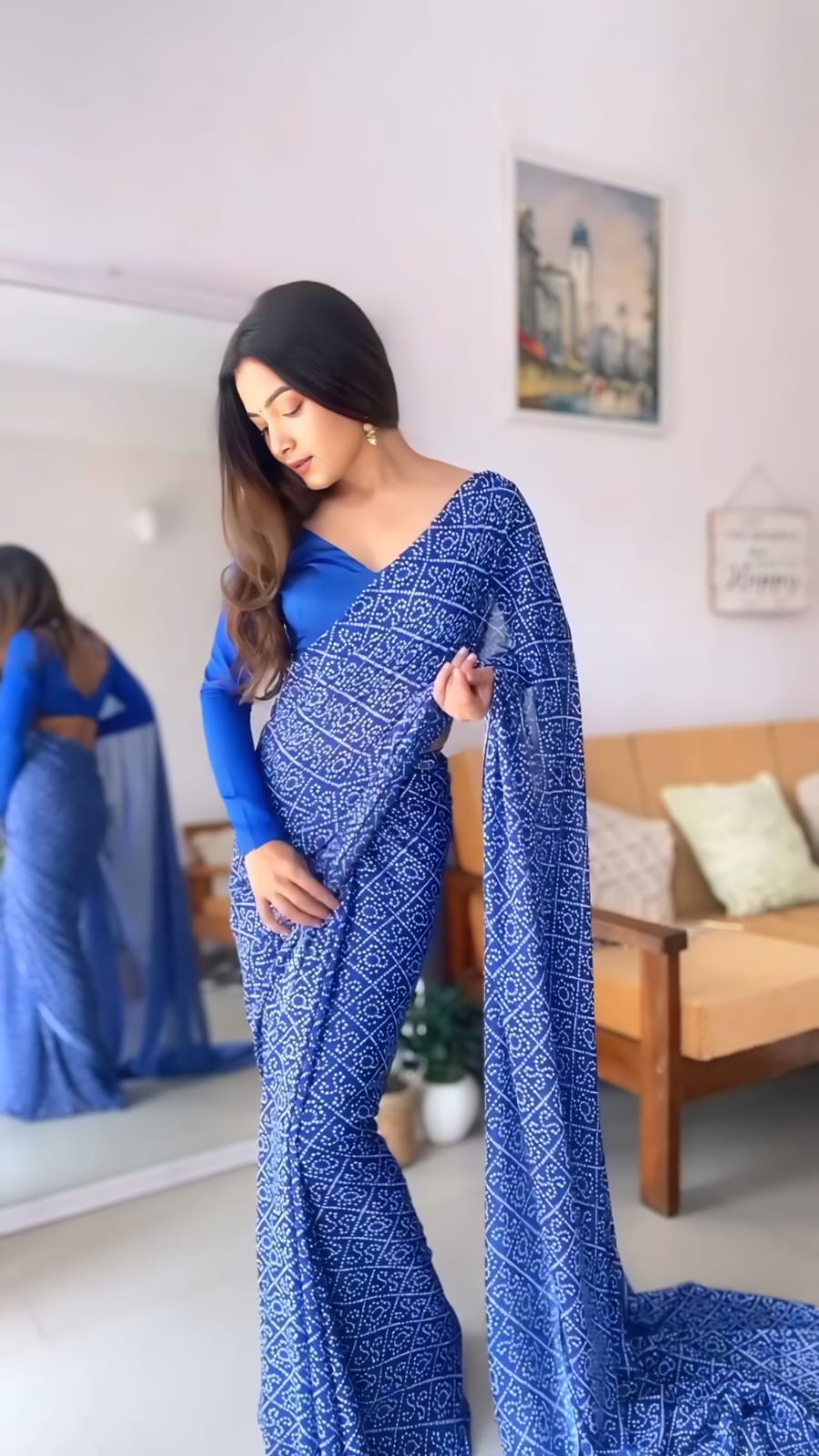Crushed Ready to wear Work Blue Bandhani Saree