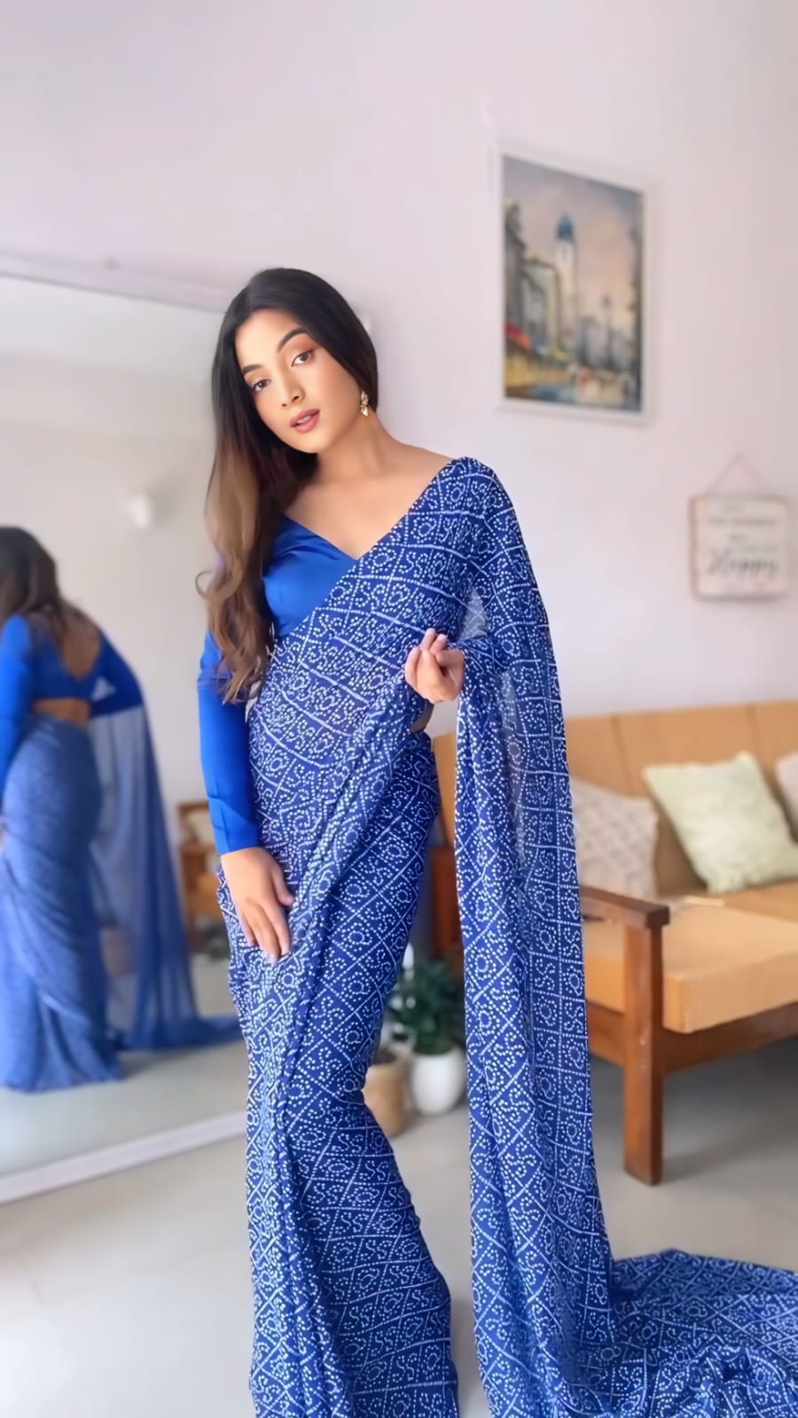 Crushed Ready to wear Work Blue Bandhani Saree