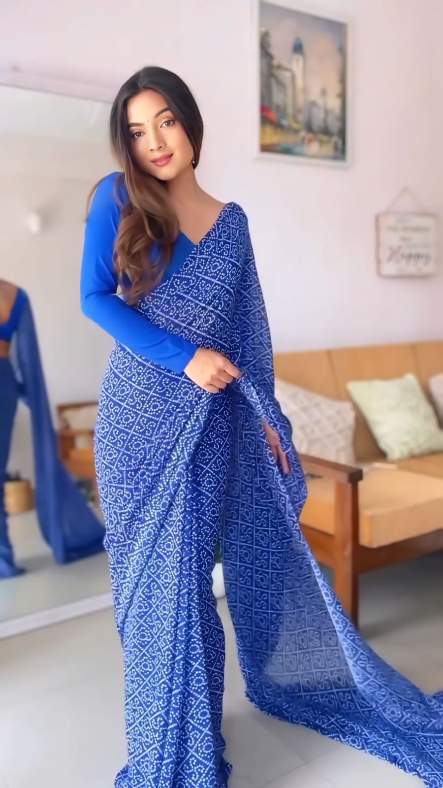 Crushed Ready to wear Work Blue Bandhani Saree