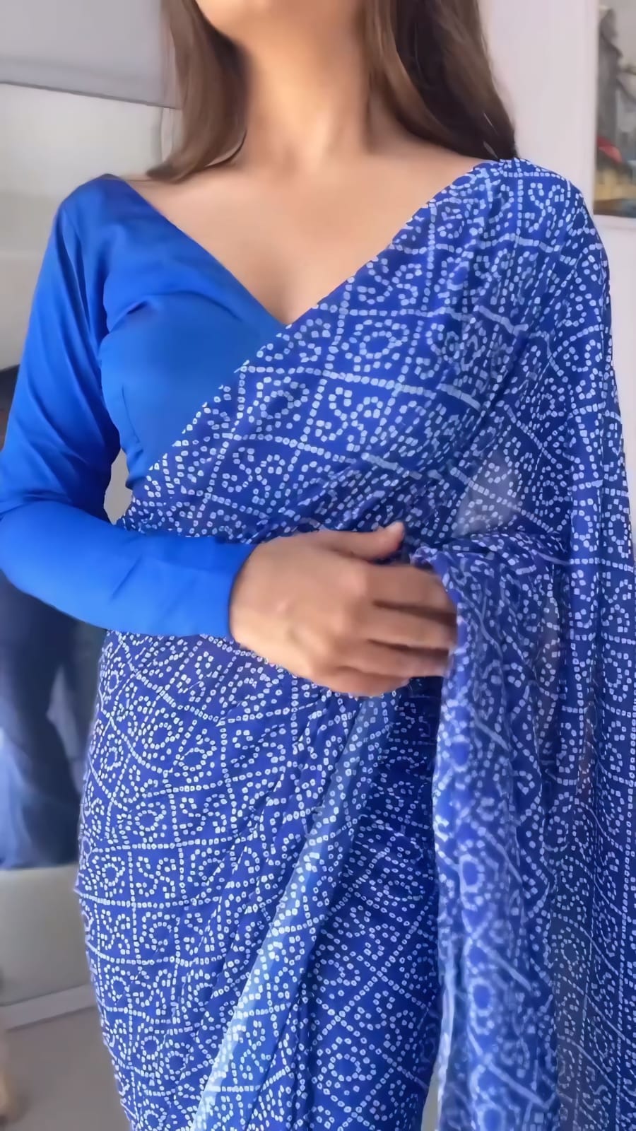 Crushed Ready to wear Work Blue Bandhani Saree