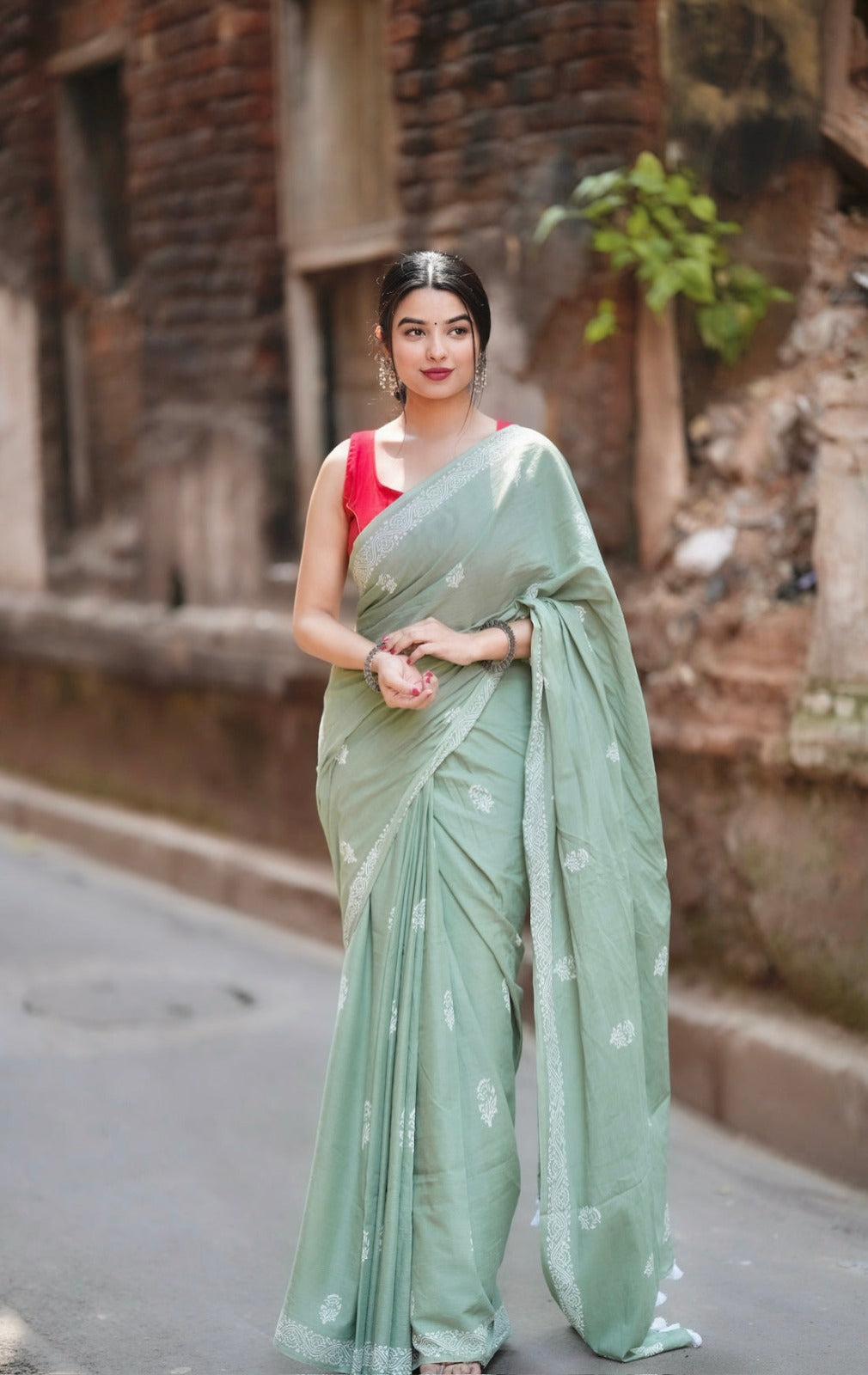 Alluring Sea Green Color 1 Minute Ready To Wear  Mul Cotton Digital Printed Saree With Pocket