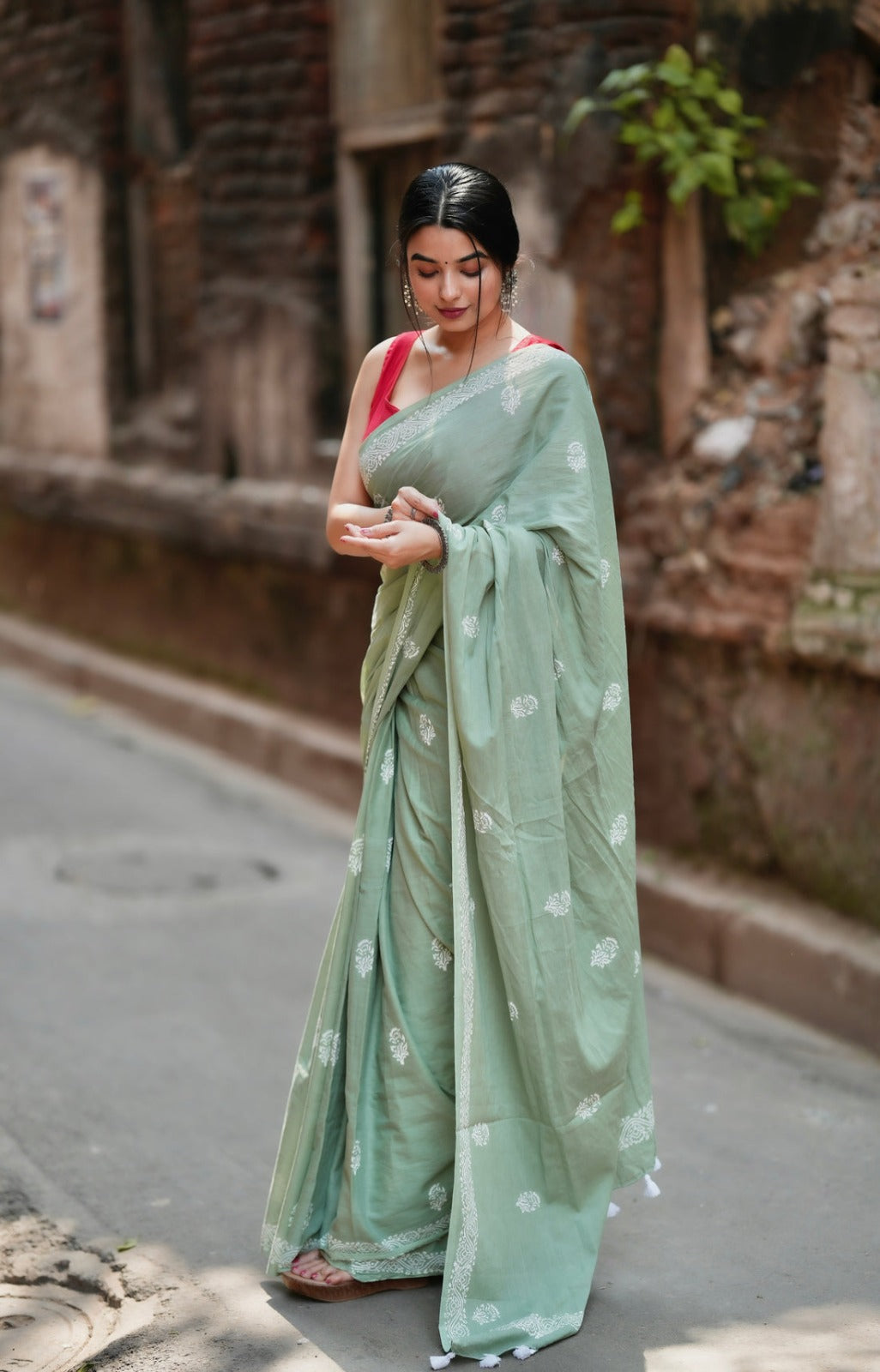 Alluring Sea Green Color 1 Minute Ready To Wear  Mul Cotton Digital Printed Saree With Pocket