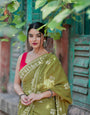 Olive Green 1 Minute Ready To Wear  Mul Cotton Digital Printed Saree With Pocket