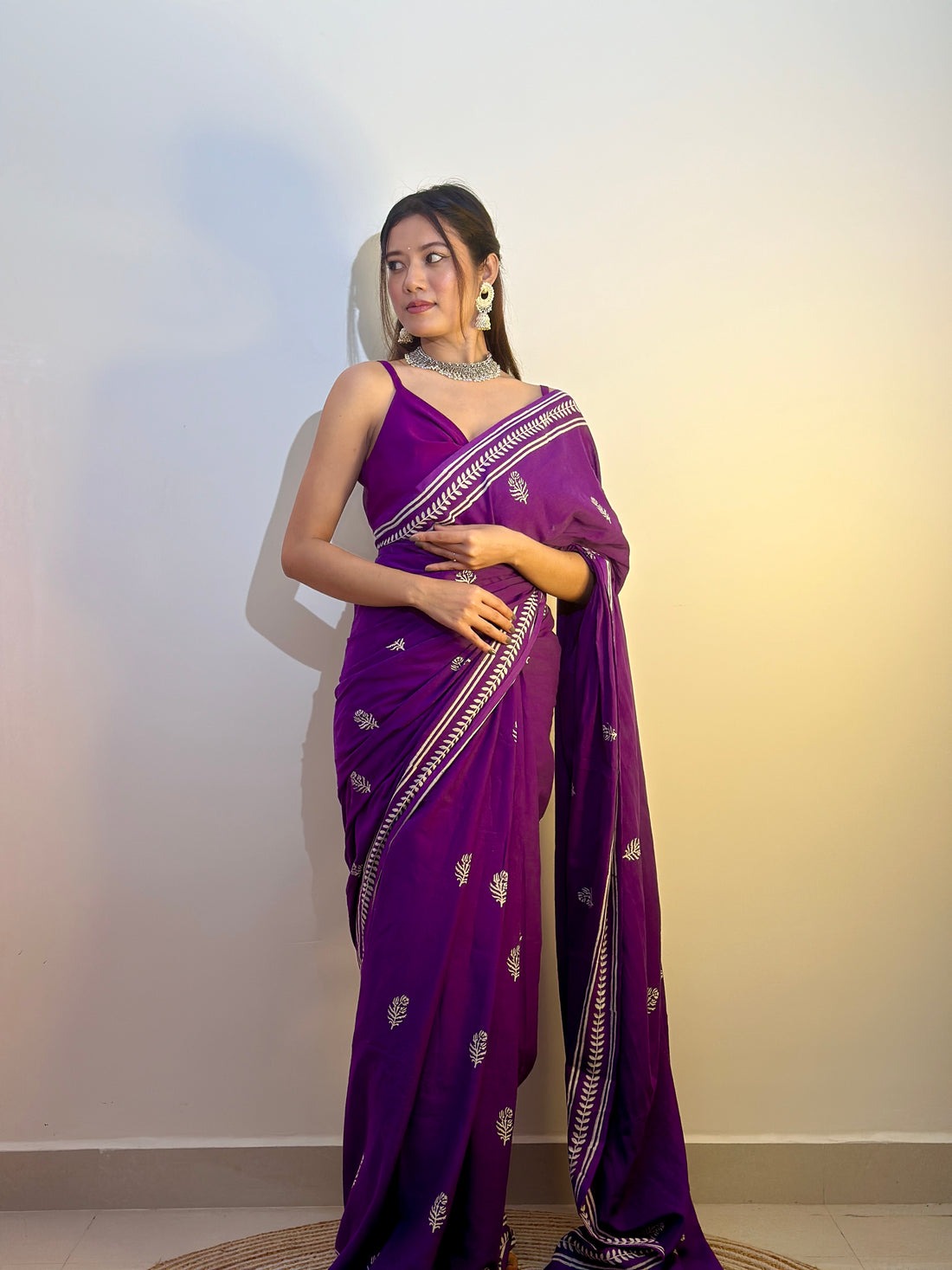 Kasturi Purple 1 Minute Ready To Wear  Mul Cotton Digital Printed Saree With Pocket