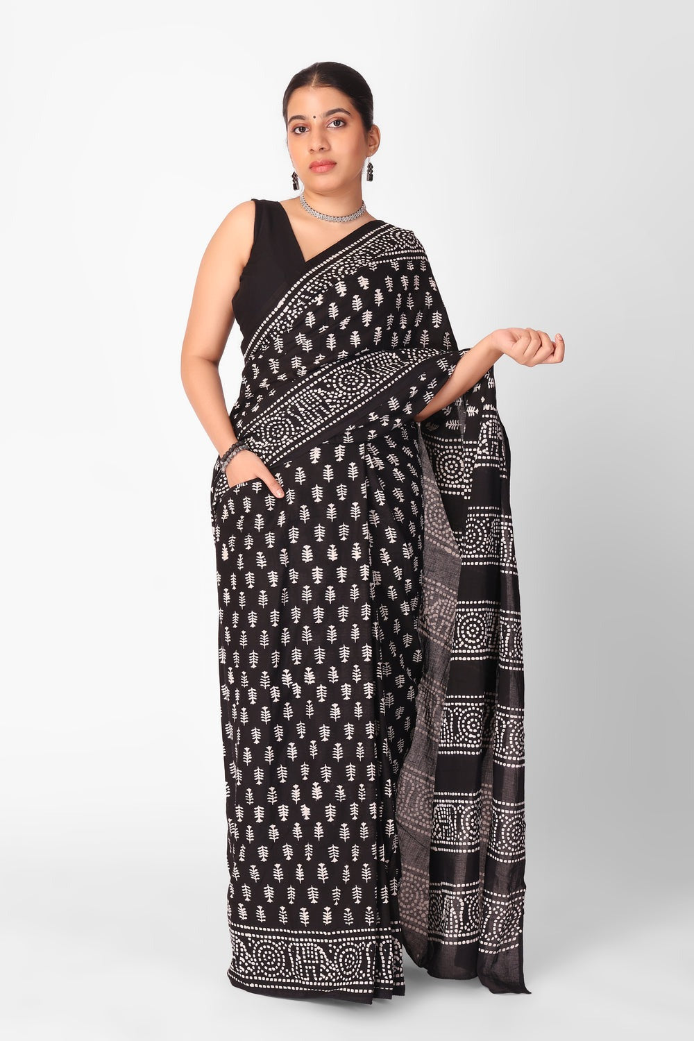 Floral Black 1 Minute Ready To Wear  Mul Cotton Digital Printed Saree With Pocket