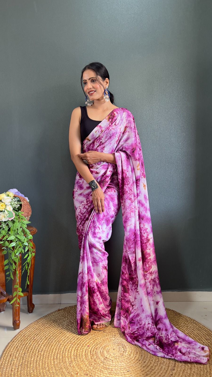 Divine 1-Minute Ready To Wear Purple Chiffon Saree