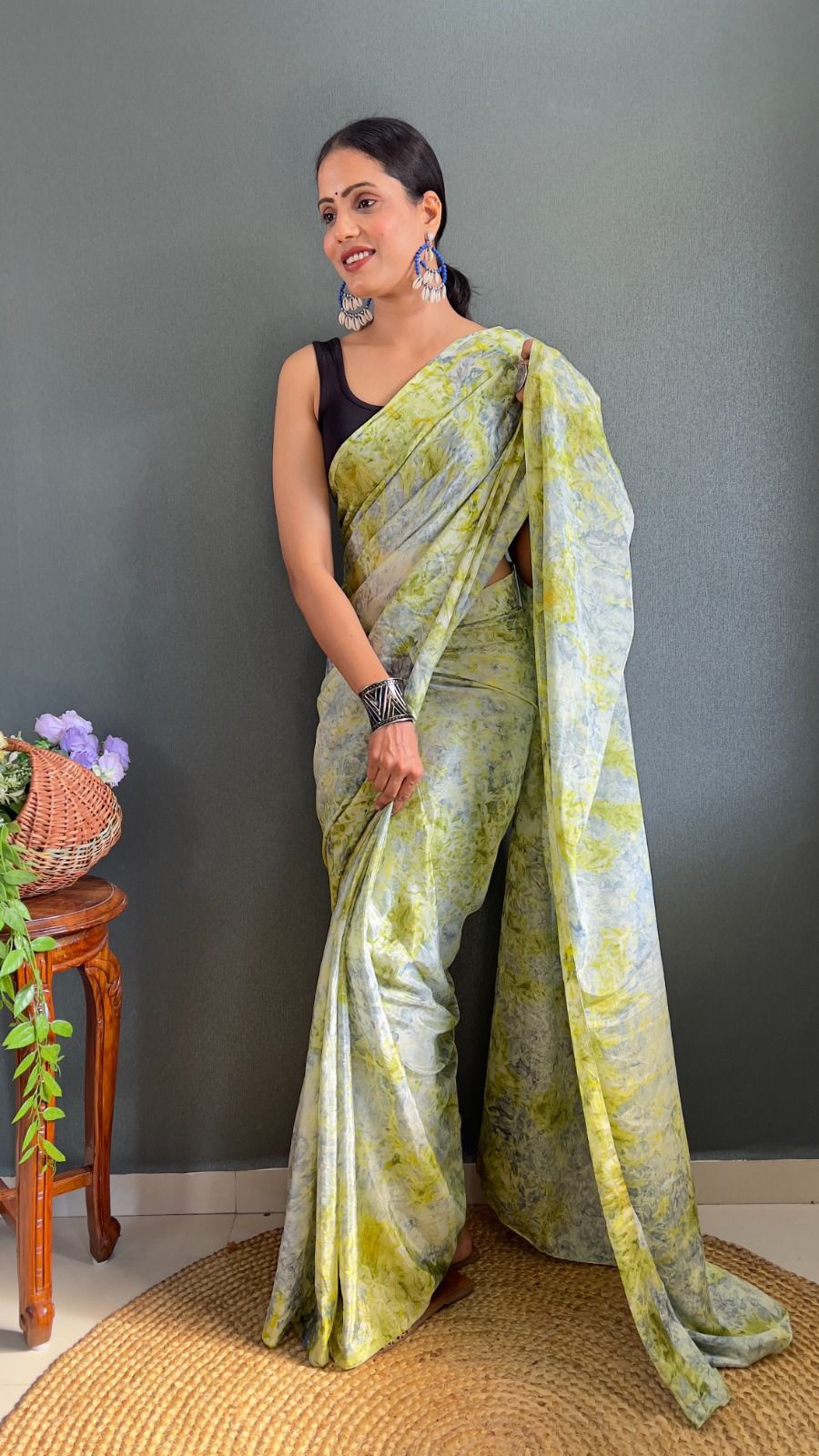 Arresting 1-Minute Ready To Wear Green Chiffon Silk Saree