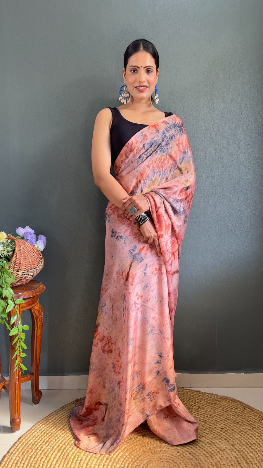 Exquisite 1-Minute Ready To Wear Peach Color Chiffon Silk Saree