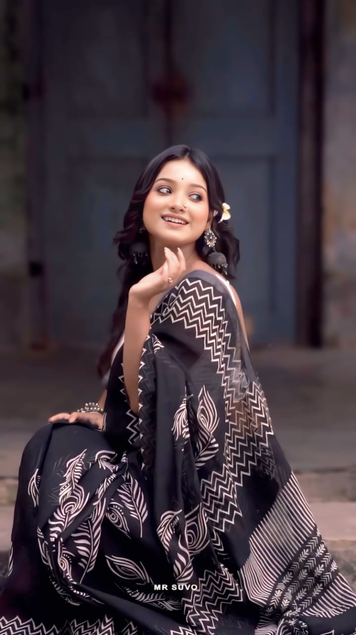 Excellent 1 Minute Ready To Wear Black Mul Cotton Digital Printed Saree