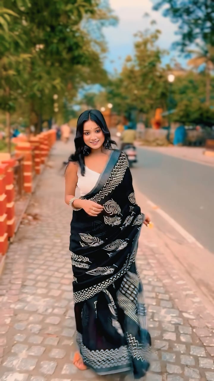 Excellent 1 Minute Ready To Wear Black Mul Cotton Digital Printed Saree