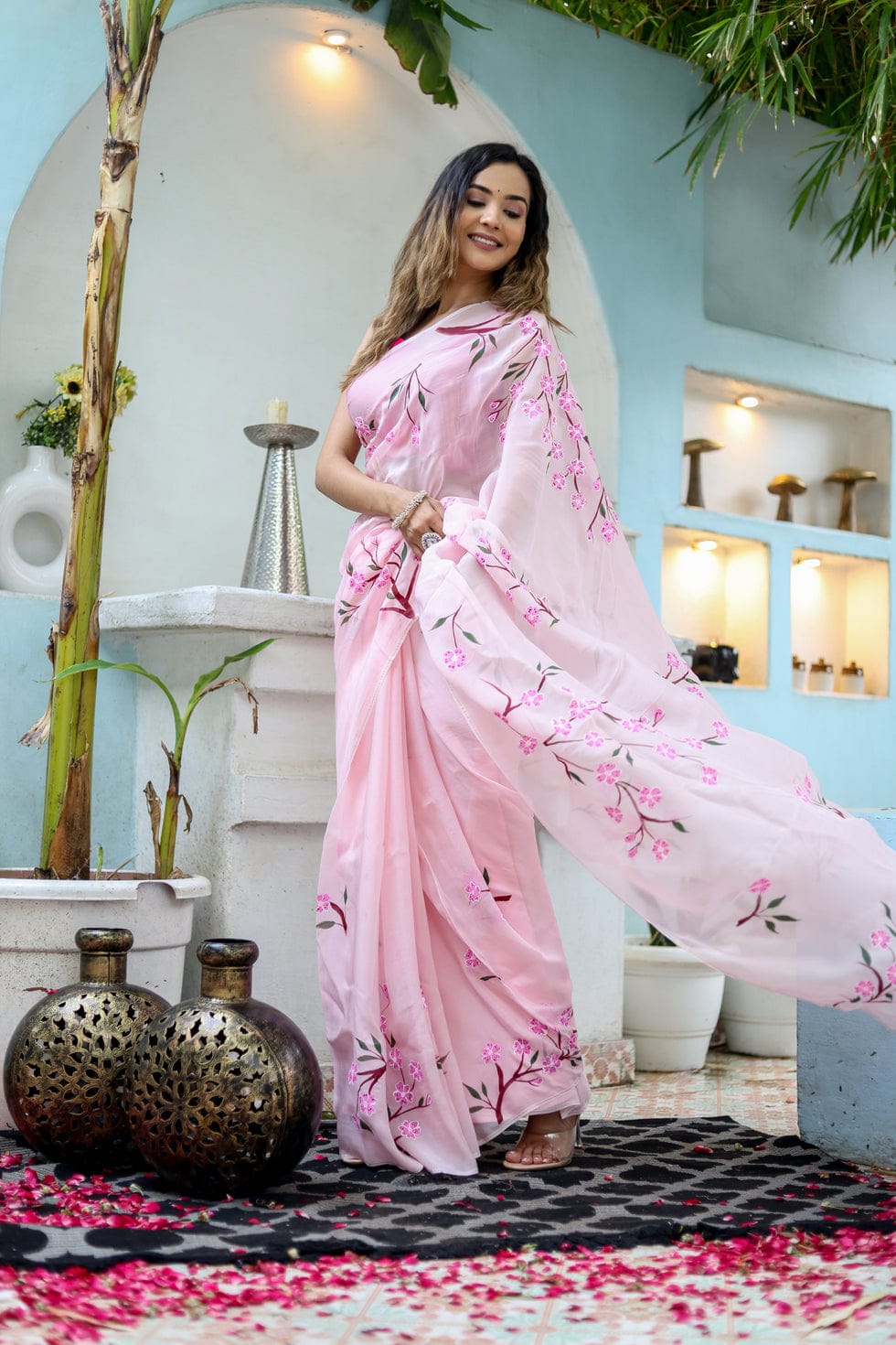 Felicitous 1-Minute Ready To Wear Pink Georgette Saree