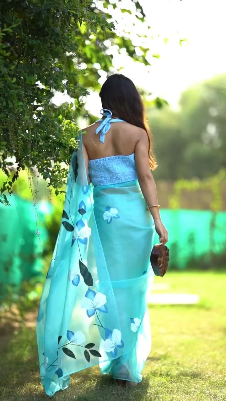 Trendy Printed 1-minute ready to wear Organza Silk Floral sky blue Saree