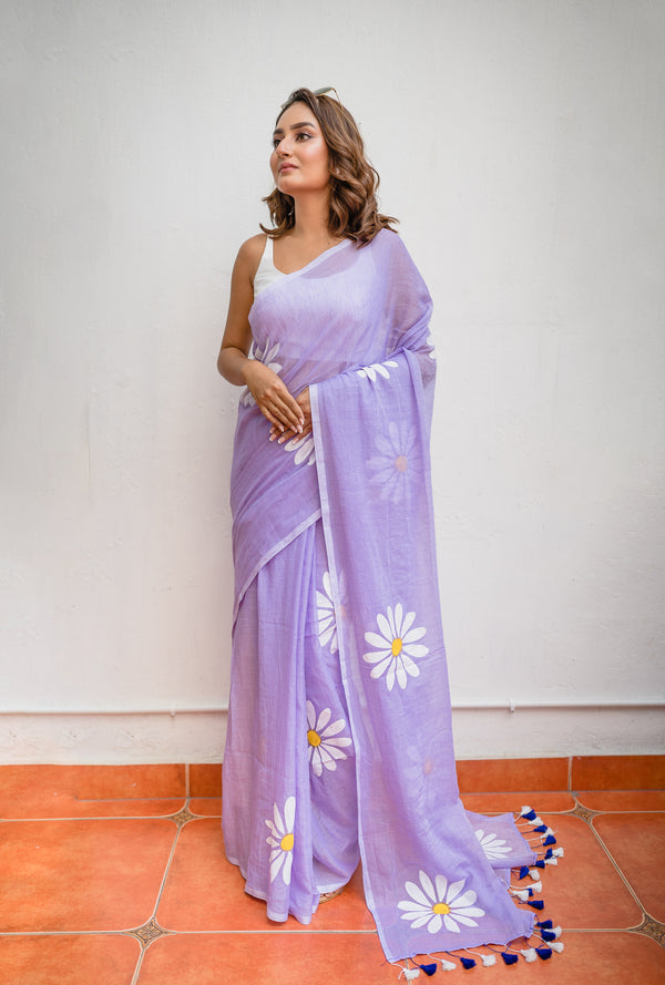 Lavender Hand painted Mulmul Cotton Ready To Wear Saree